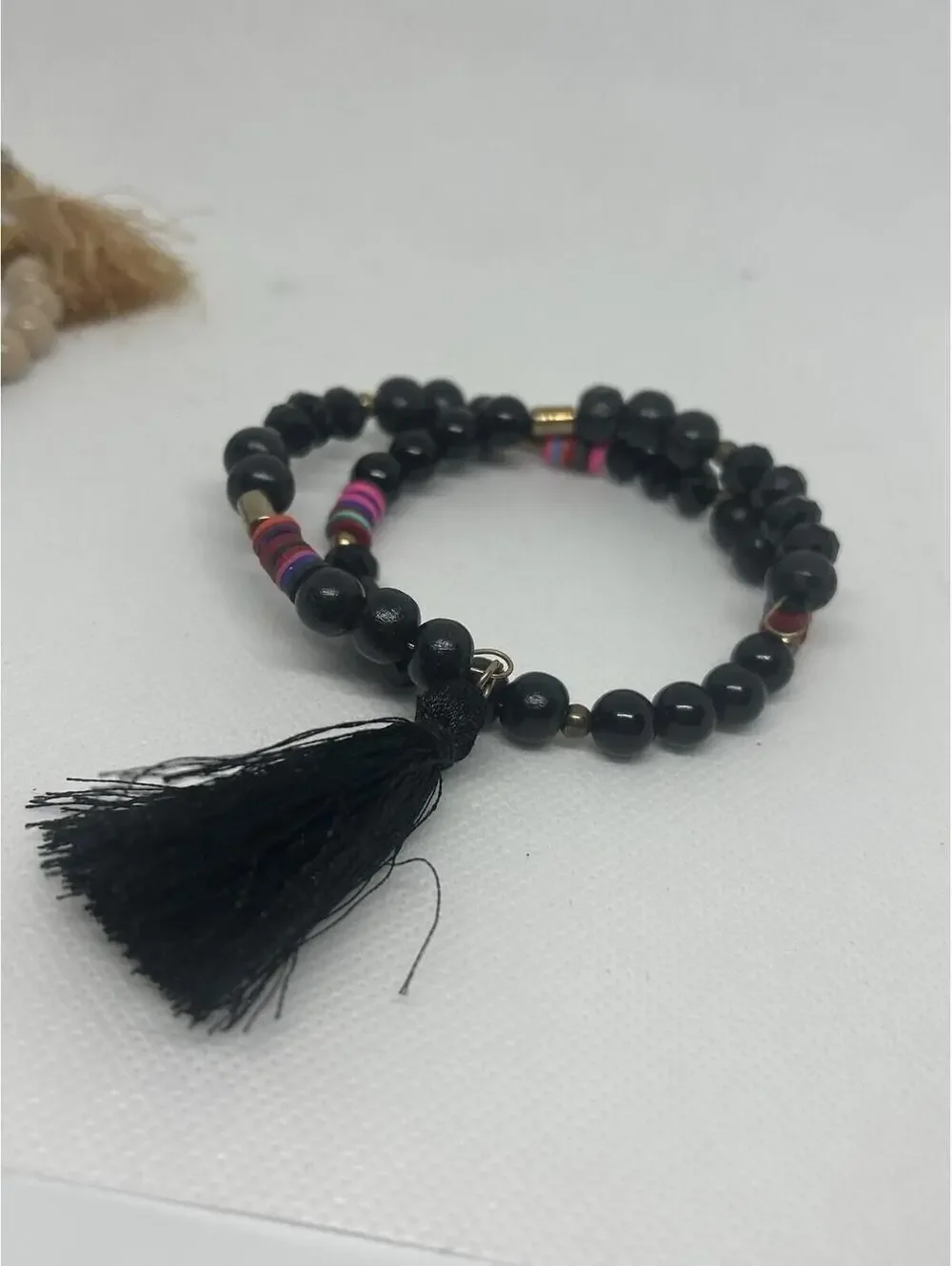 Set of Two Beaded Bracelets with Tassel Charms